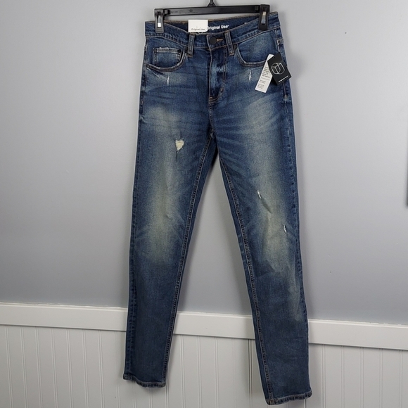 Mens Skinny Fit Mid-Rise Destructured Jeans - Picture 2 of 7